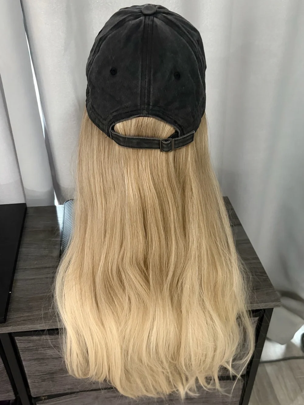 Baseball Hat with Attached Long Straight Blonde Hair Grey Denim Hat Wig